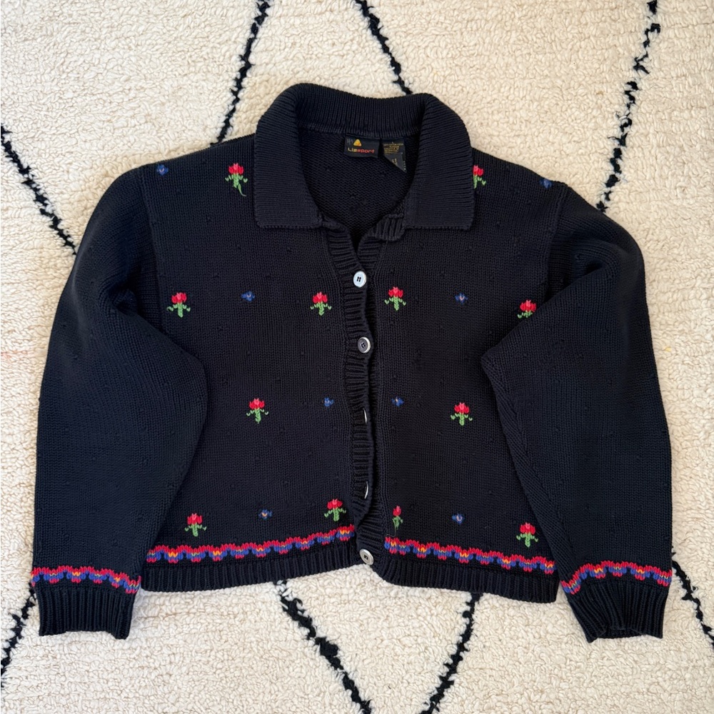Vintage LizSport Collared Sweater with Embroidered Flowers Size L